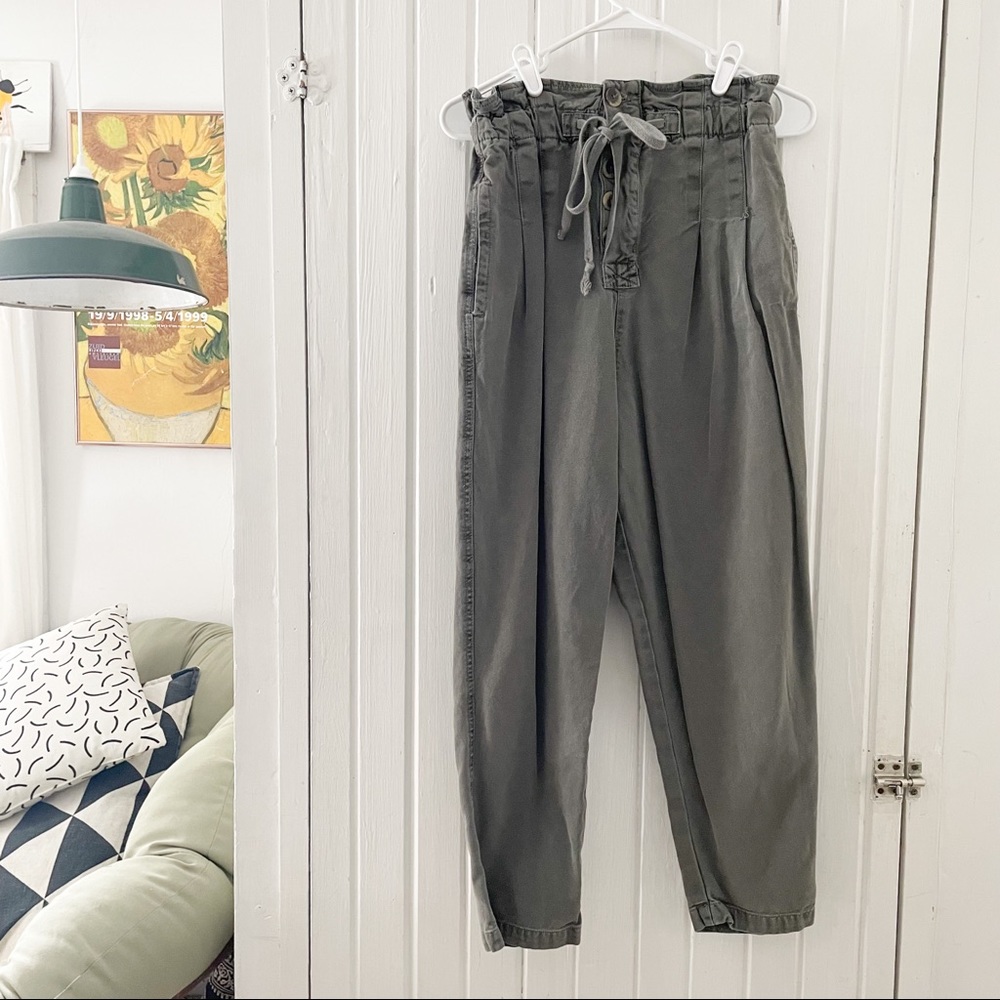 Free People High-Waist Paperbag Trousers - Olive Green
